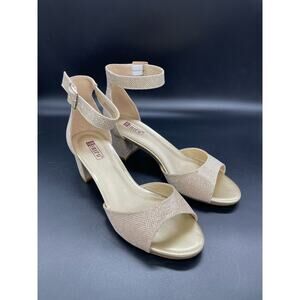 Idifu Gold Low Block Heels Peep Toe Ankle Strap Wedding Shoes Size 9